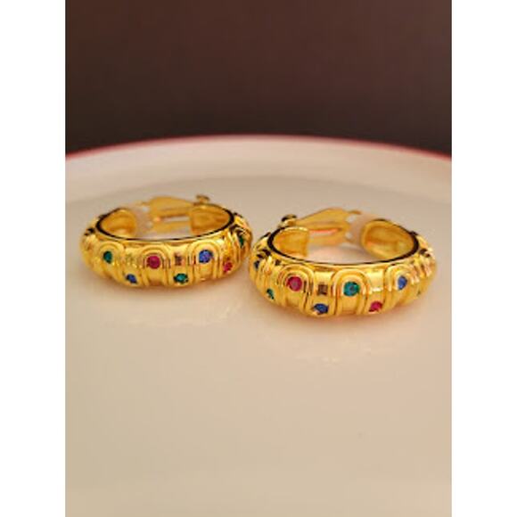 Swarovski Hoop Earrings Gold Plated with Jewel Tone Crystals Clip On Swan Signed - Picture 9 of 9